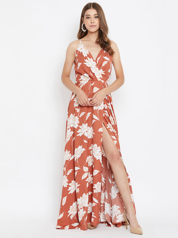 Women Blue & Maroon Floral Printed V-Neck Crepe Fit & Flare Maxi