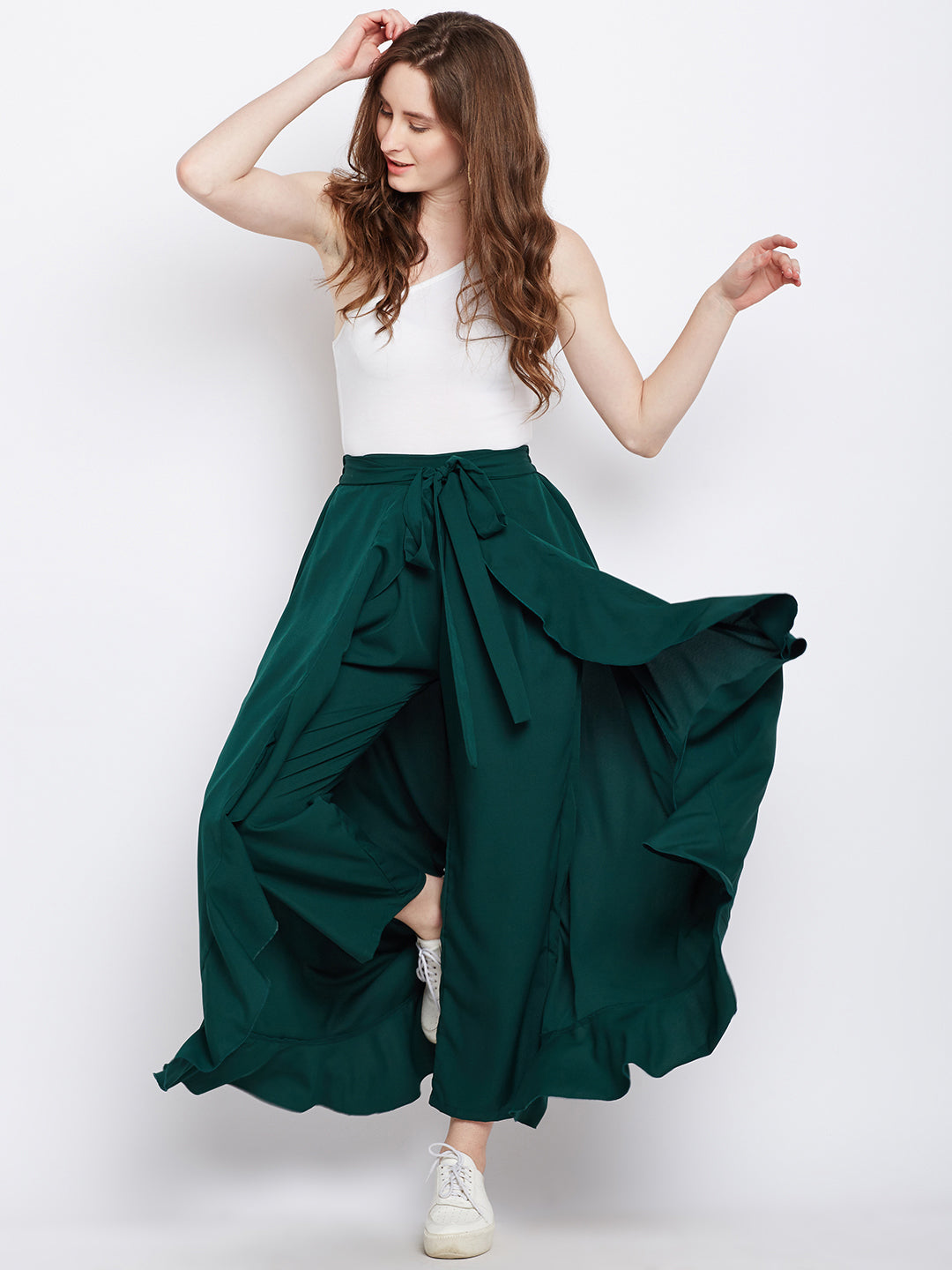 Berrylush Women Solid Green Waist Tie-Up High Waist Flared Maxi Skirt