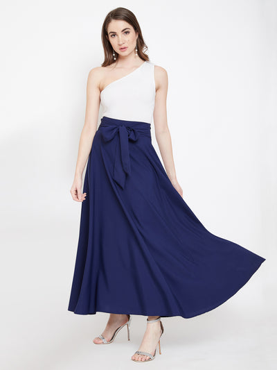 Navy Blue Solid Bow-Tie High-Waist Maxi Skirt - Berrylush