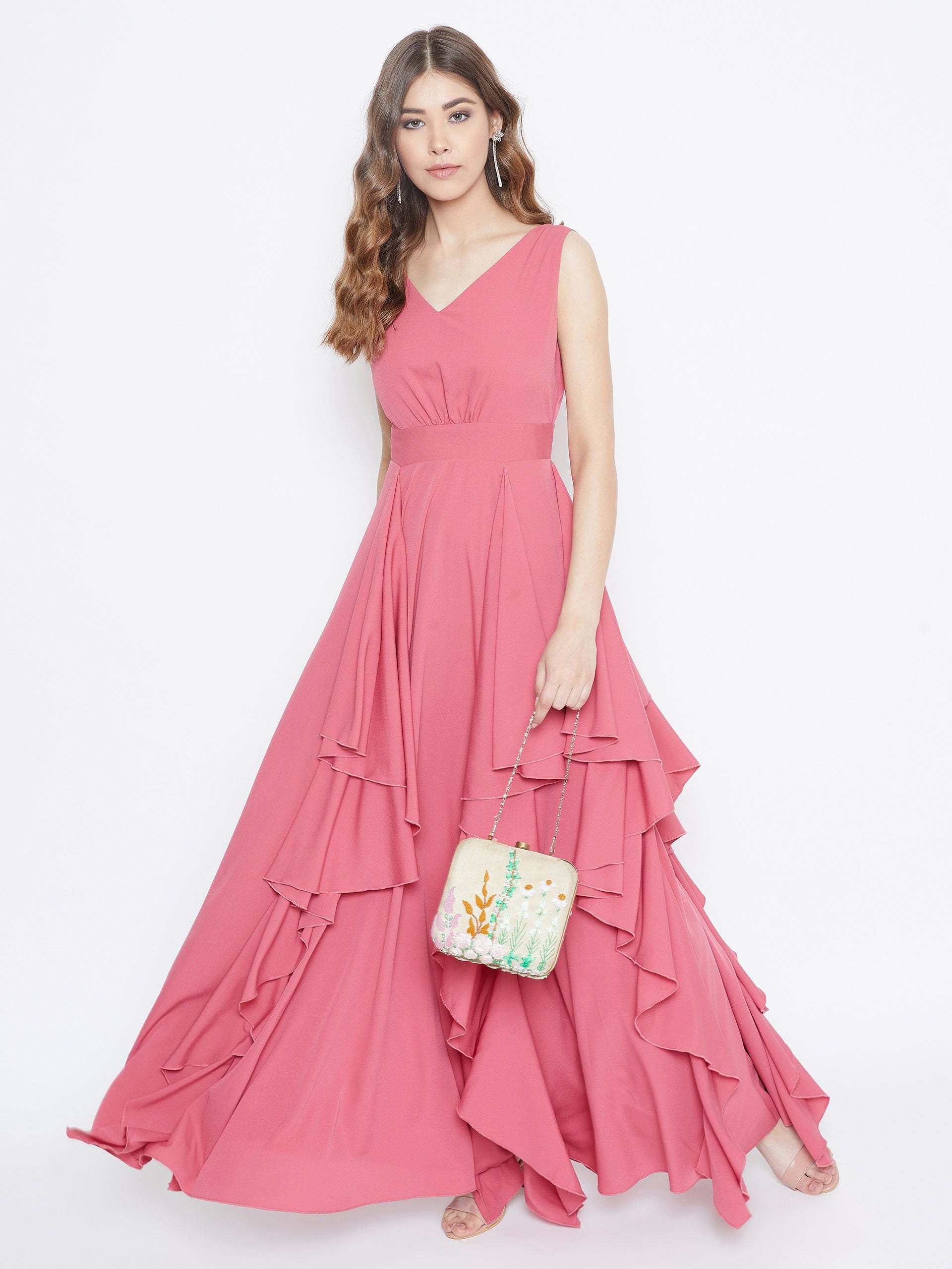 Women Solid Pink Round Neck Cut-Out Crepe Thigh-High Slit Fit & Flare Maxi  Dress - Berrylush