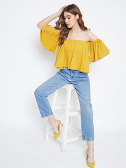 Women Solid Yellow Round Neck Puff Sleeves Crepe Styled Tie-Up