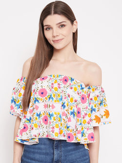 Berrylush Women White Floral Printed Backless Crop Top