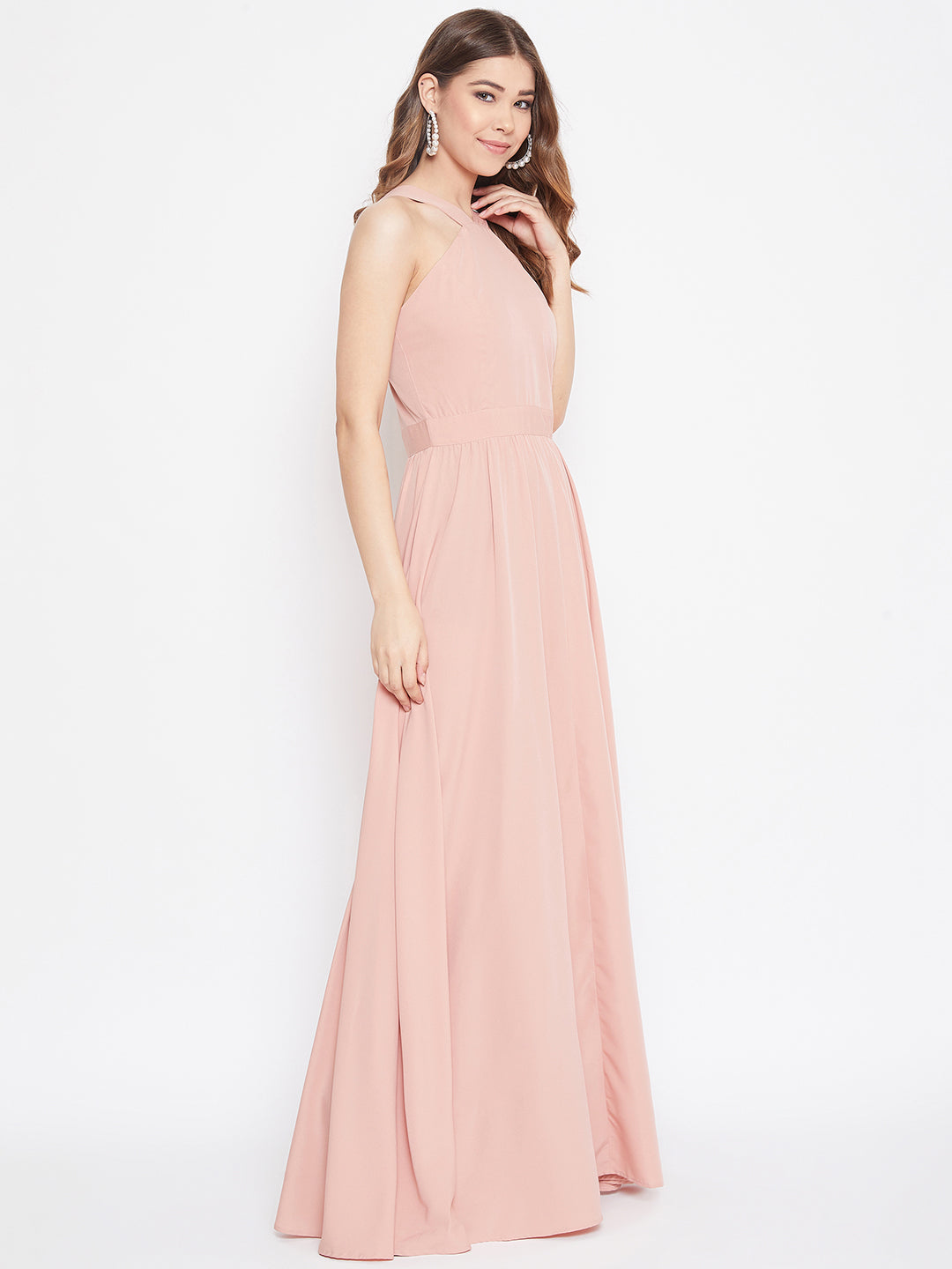 Berrylush Women Solid Pink Blush Halter Neck Flared Maxi Dress