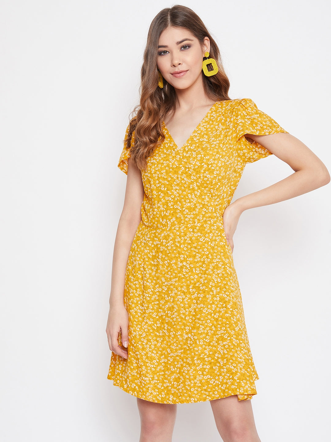 Berrylush Women Yellow Ditsy Floral Wrap Dress With Tulip Sleeves