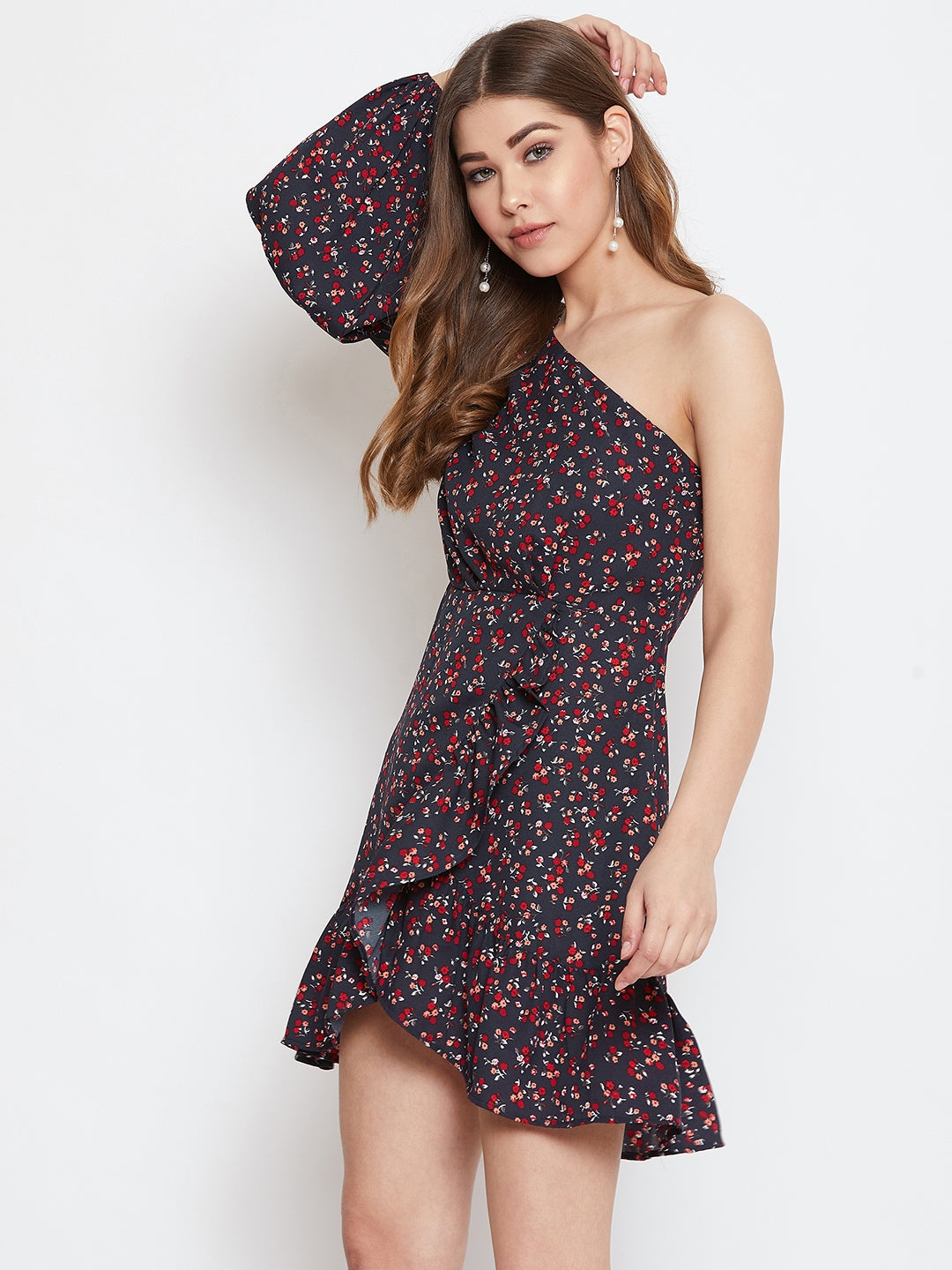 Women Plus Size Navy Blue & Red Floral Printed One-Shoulder Neck Crepe  Asymmetric Hem Pleated A-line Mini Dress - Berrylush