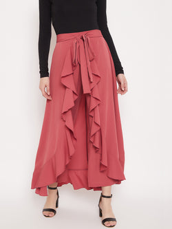 Berrylush Women Solid Purple Waist Tie-Up Ruffled Maxi Skirt With Attached  Trousers