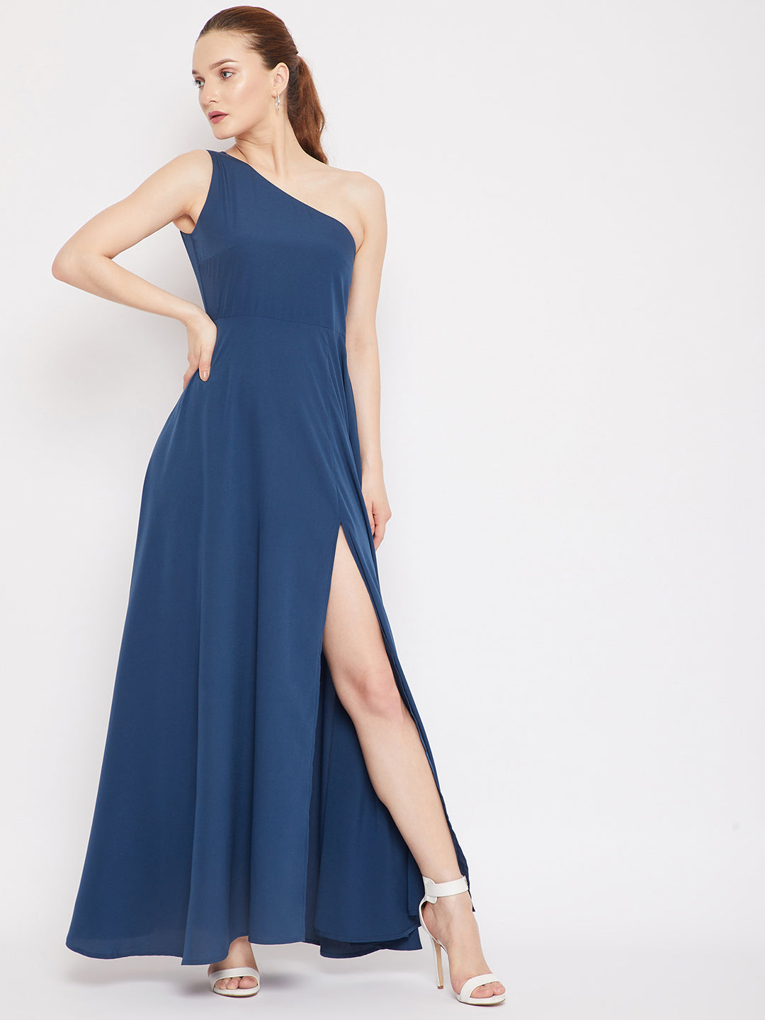 Maxi Thigh-High Slit Dress With Shiny-Effect, Open Front And Sharp Padded  Shoulders