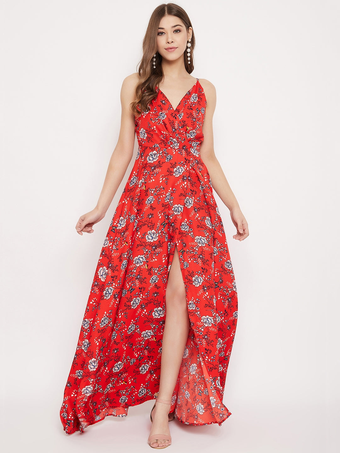 LOVE SQUARED Ivory Red Floral Wrap V Neck High Low Maxi Plus size