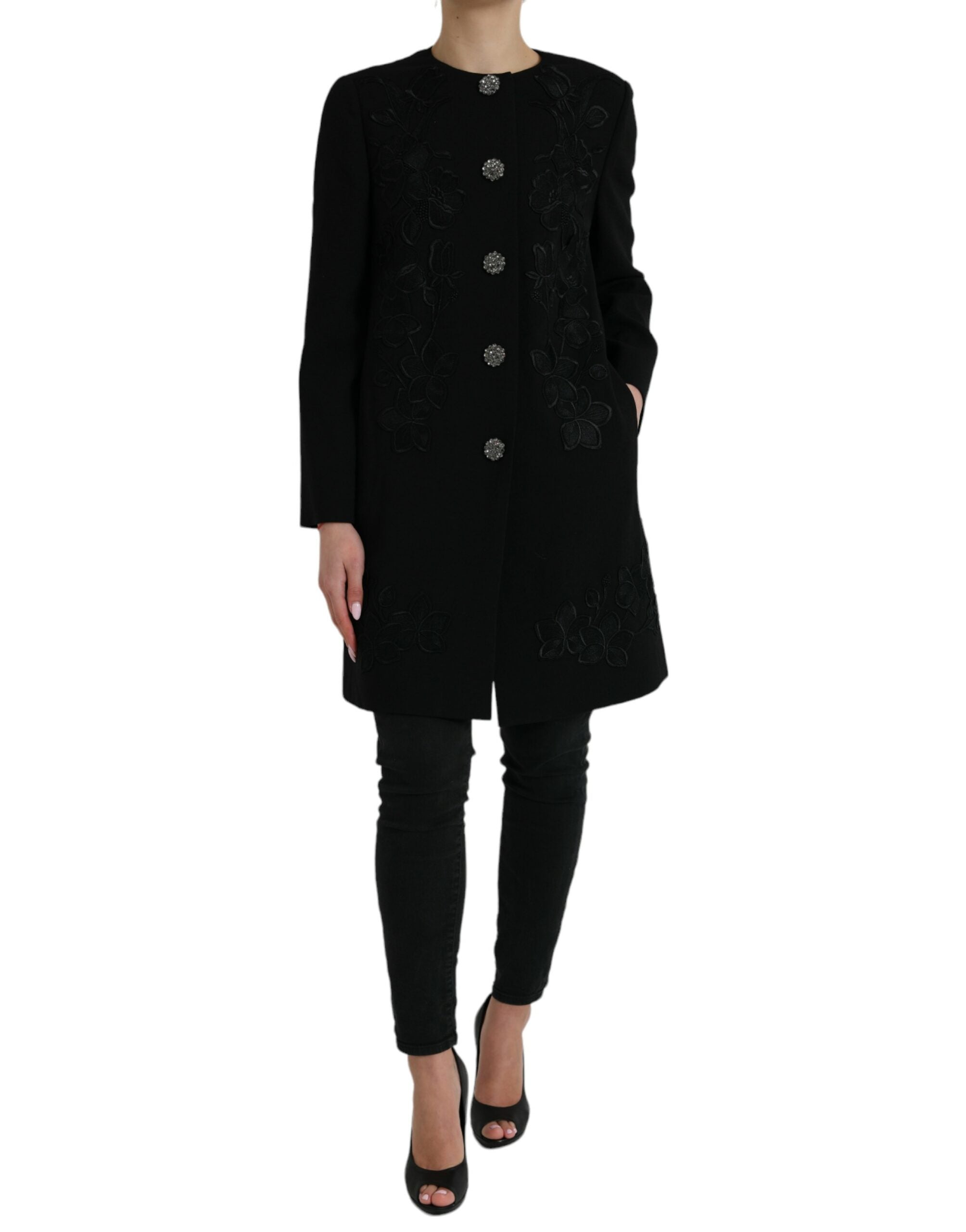 Shop Dolce & Gabbana Elegant Floral Buttoned Wool Trench Women's Coat In Black