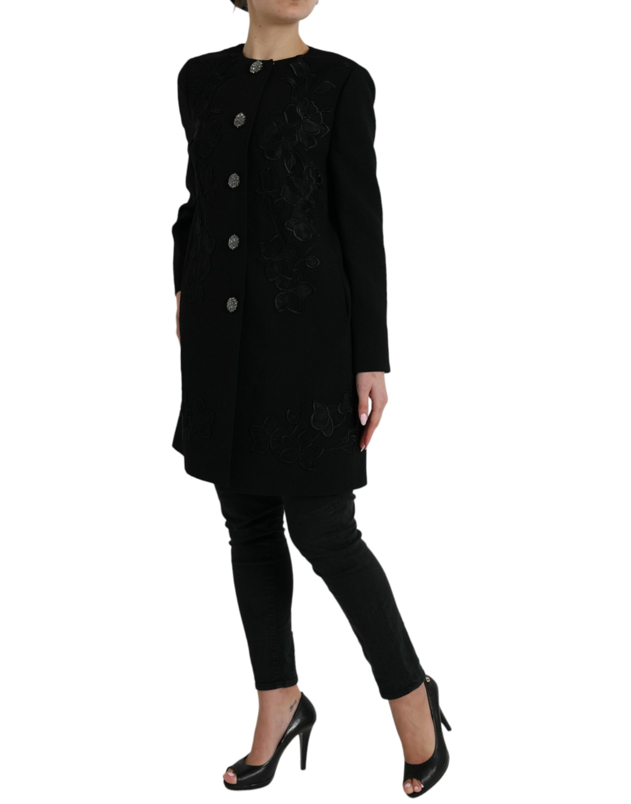 Shop Dolce & Gabbana Elegant Floral Buttoned Wool Trench Women's Coat In Black