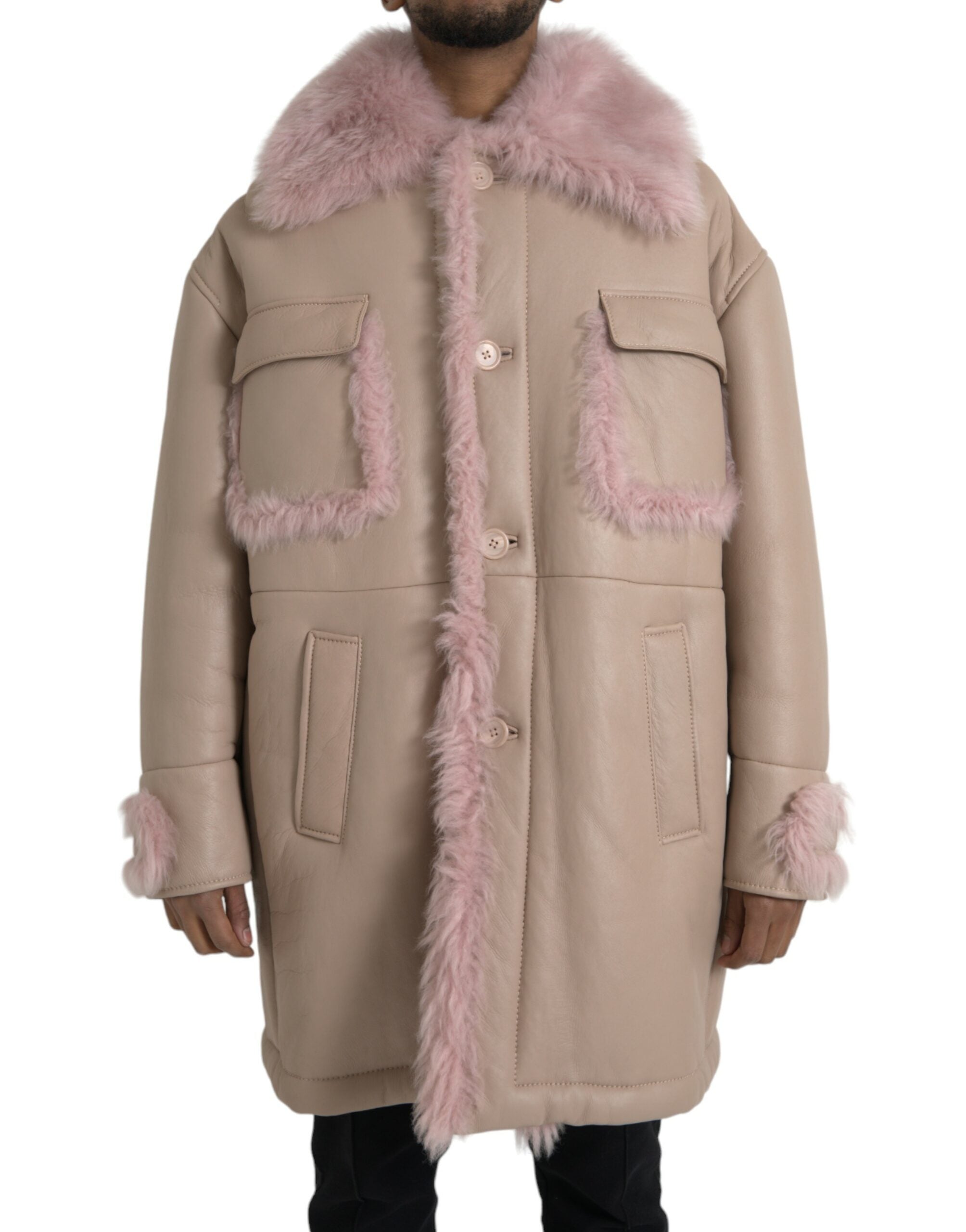 Dolce & Gabbana Beige Pink Lamb Leather Shearling Coat Men's Jacket In Neutral
