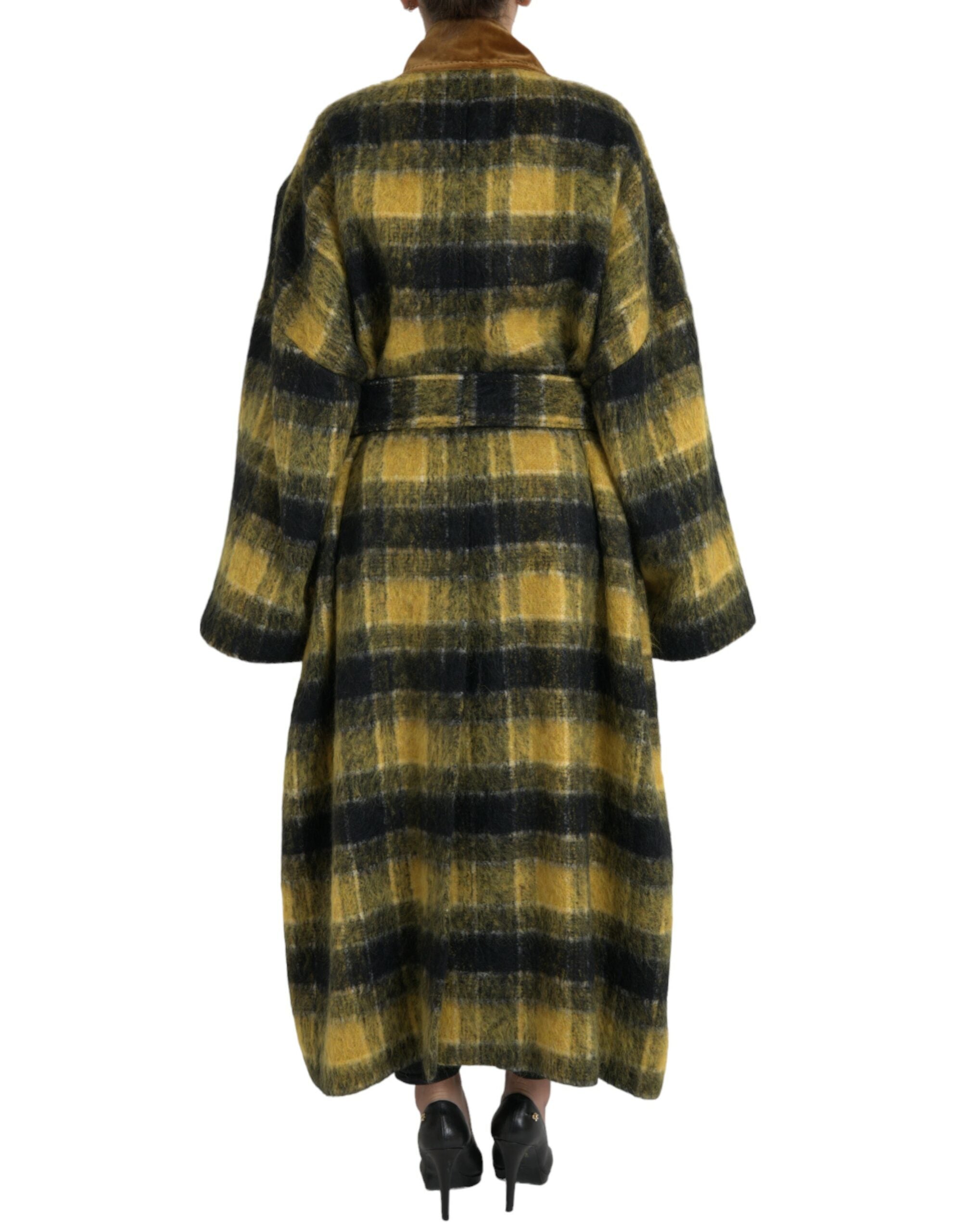 Shop Dolce & Gabbana Chic Checkered Long Trench Coat In Sunny Women's Yellow