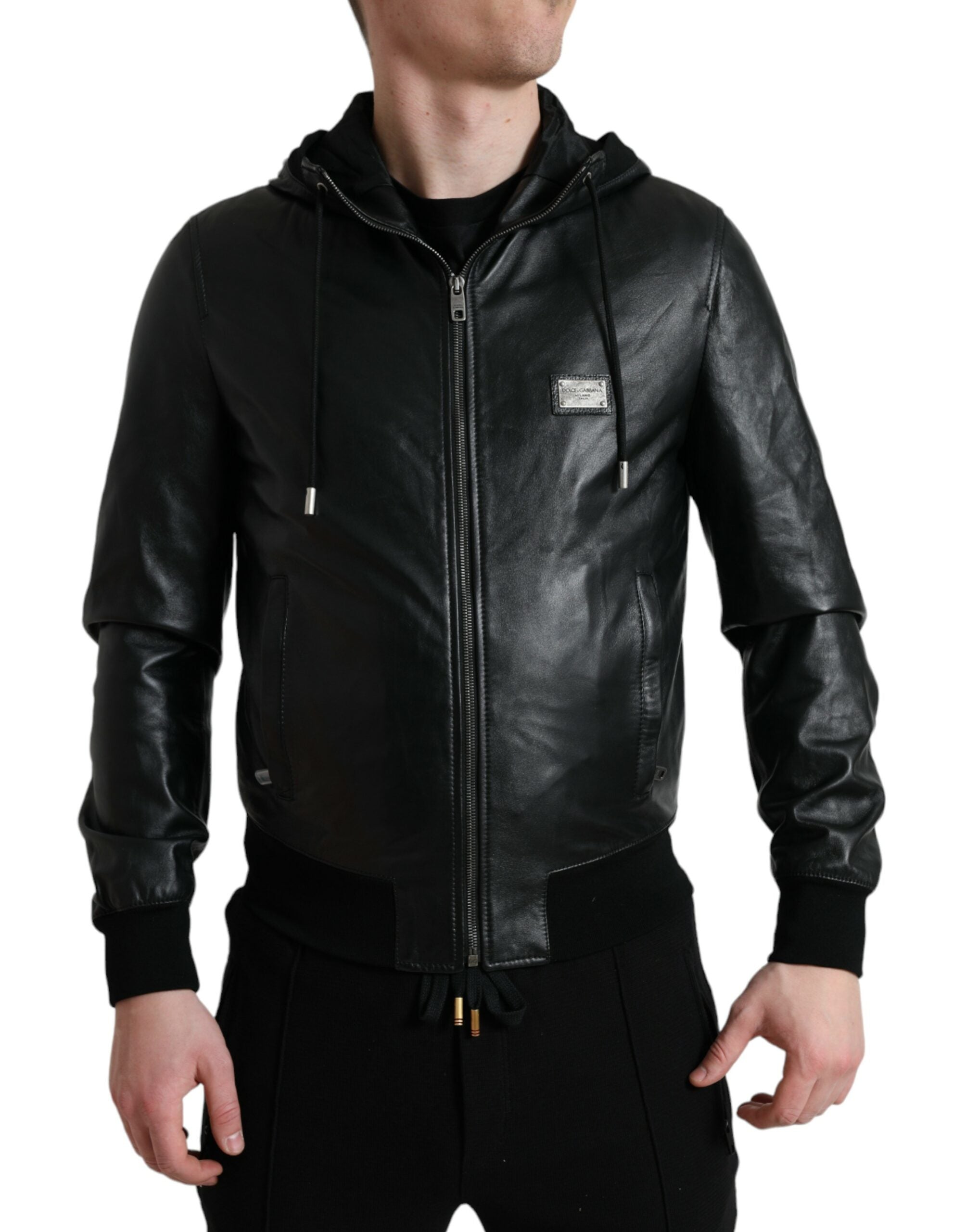 Dolce & Gabbana Elegant Black Leather Hooded Zip Men's Jacket