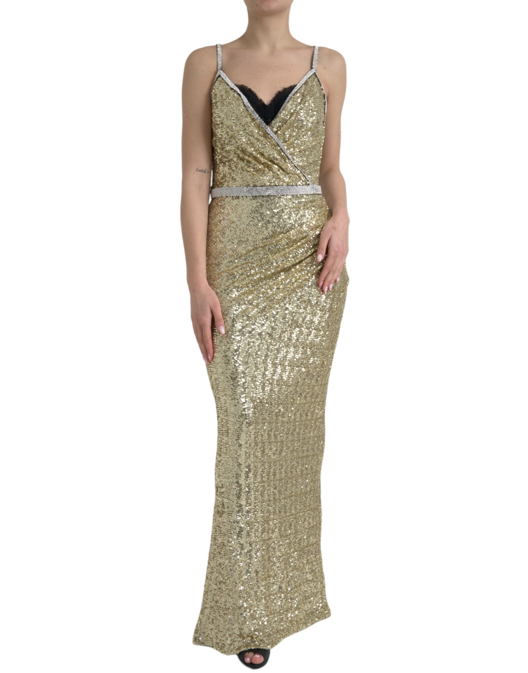 Shop Dolce & Gabbana Golden Sequin Evening Dress With Silk Blend Women's Lining