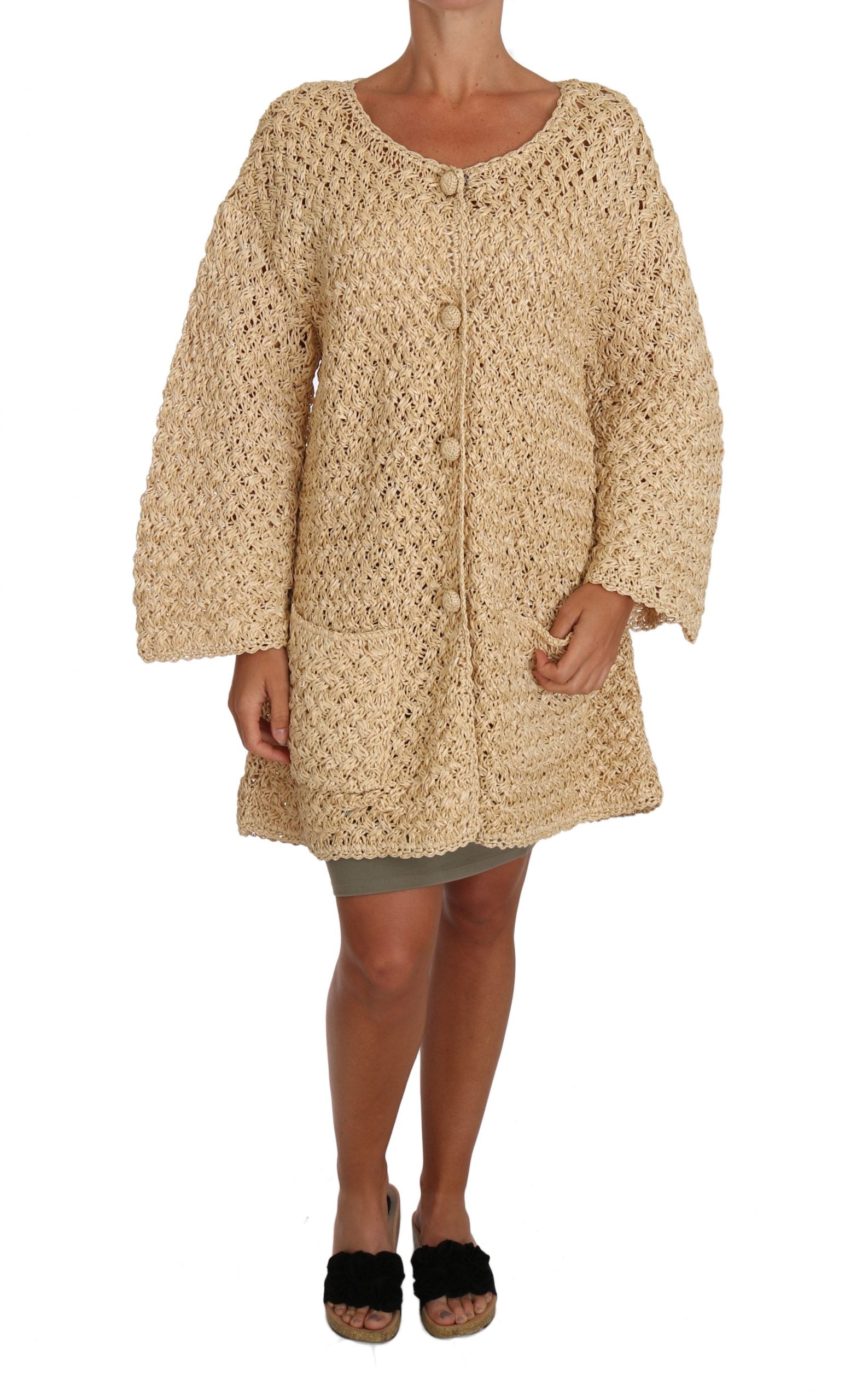 Dolce & Gabbana Chic Beige Crochet Knitted Raffia Women's Cardigan In Brown