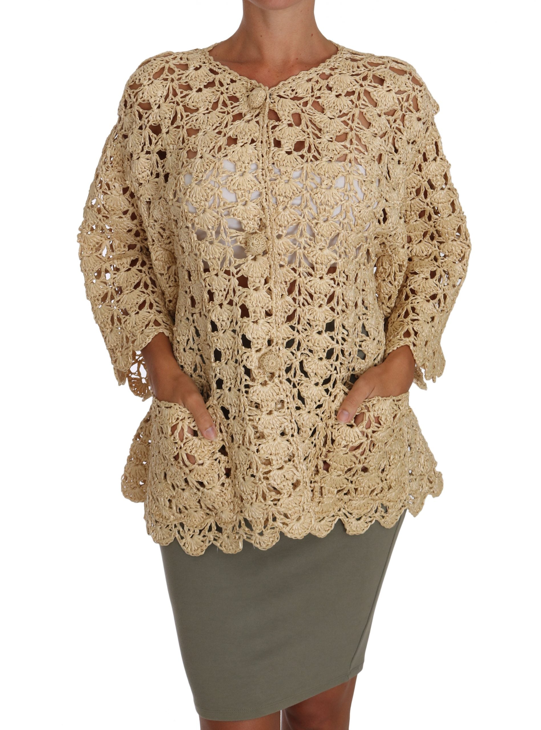 Dolce & Gabbana Chic Beige Crochet Raffia Women's Cardigan In Brown