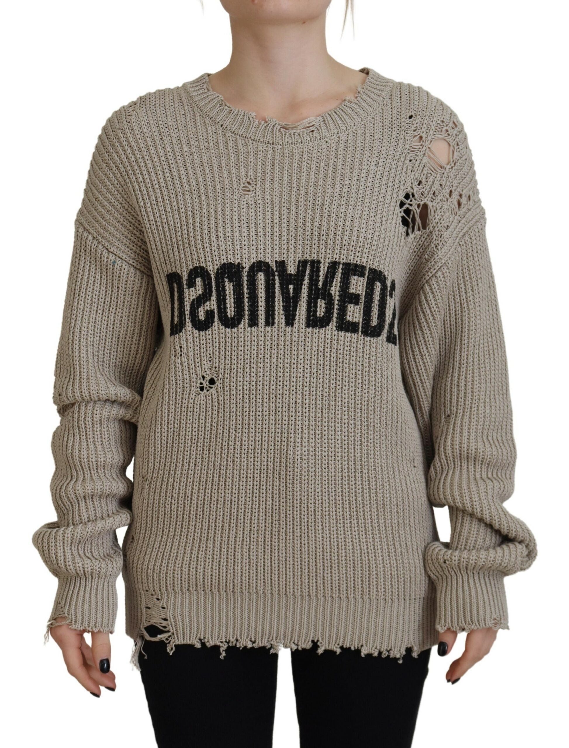 Dsquared² Beige Cotton Knitted Crewneck Pullover Women's Sweater In Green
