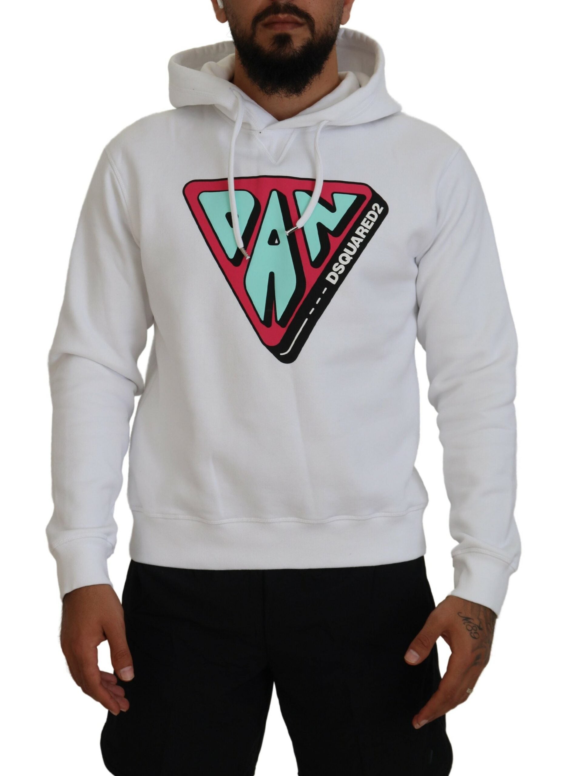 Dsquared² White Cotton Hooded Printed Pullover Men's Sweater