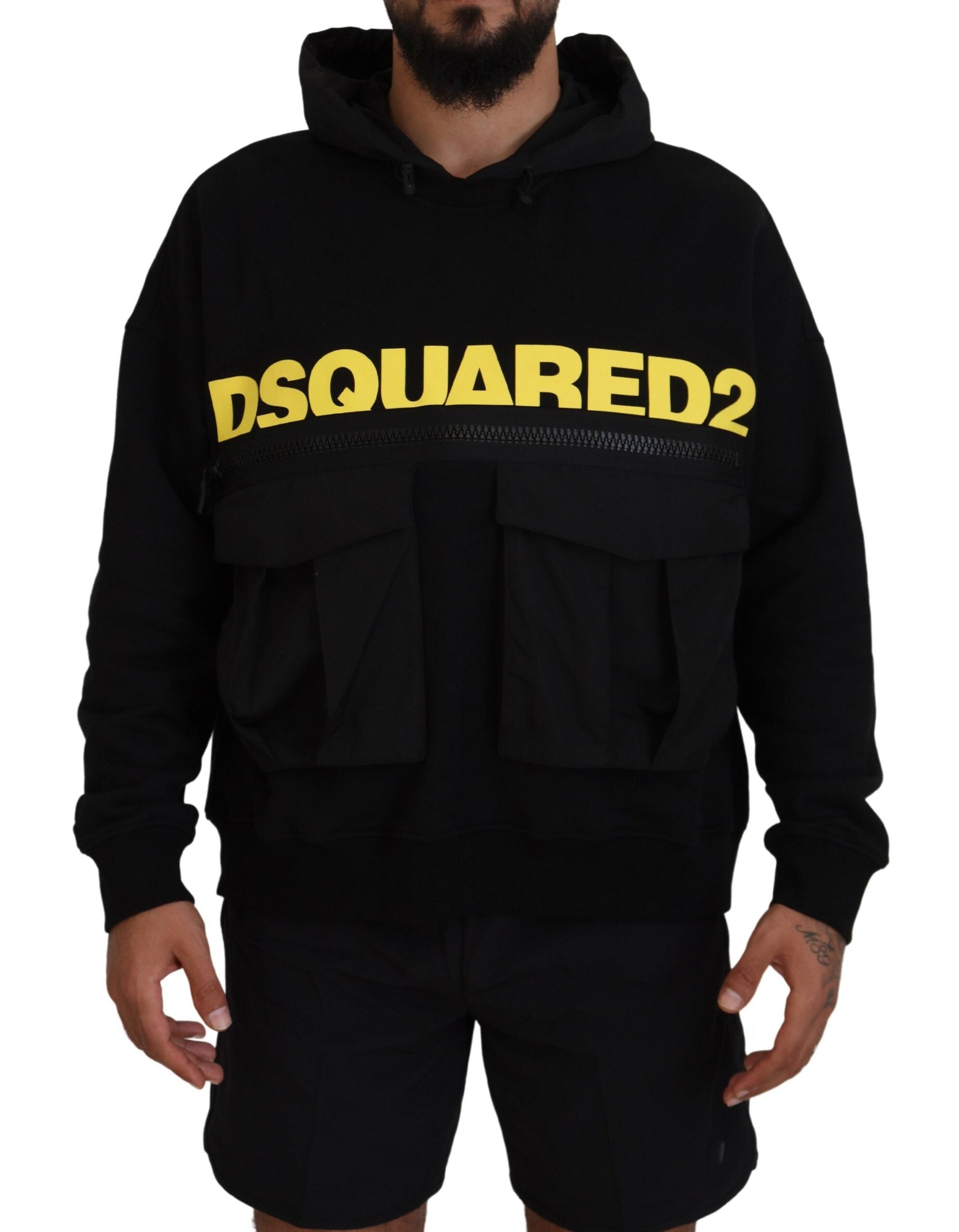 Dsquared² Black Cotton Hooded Printed Pullover Men's Sweater