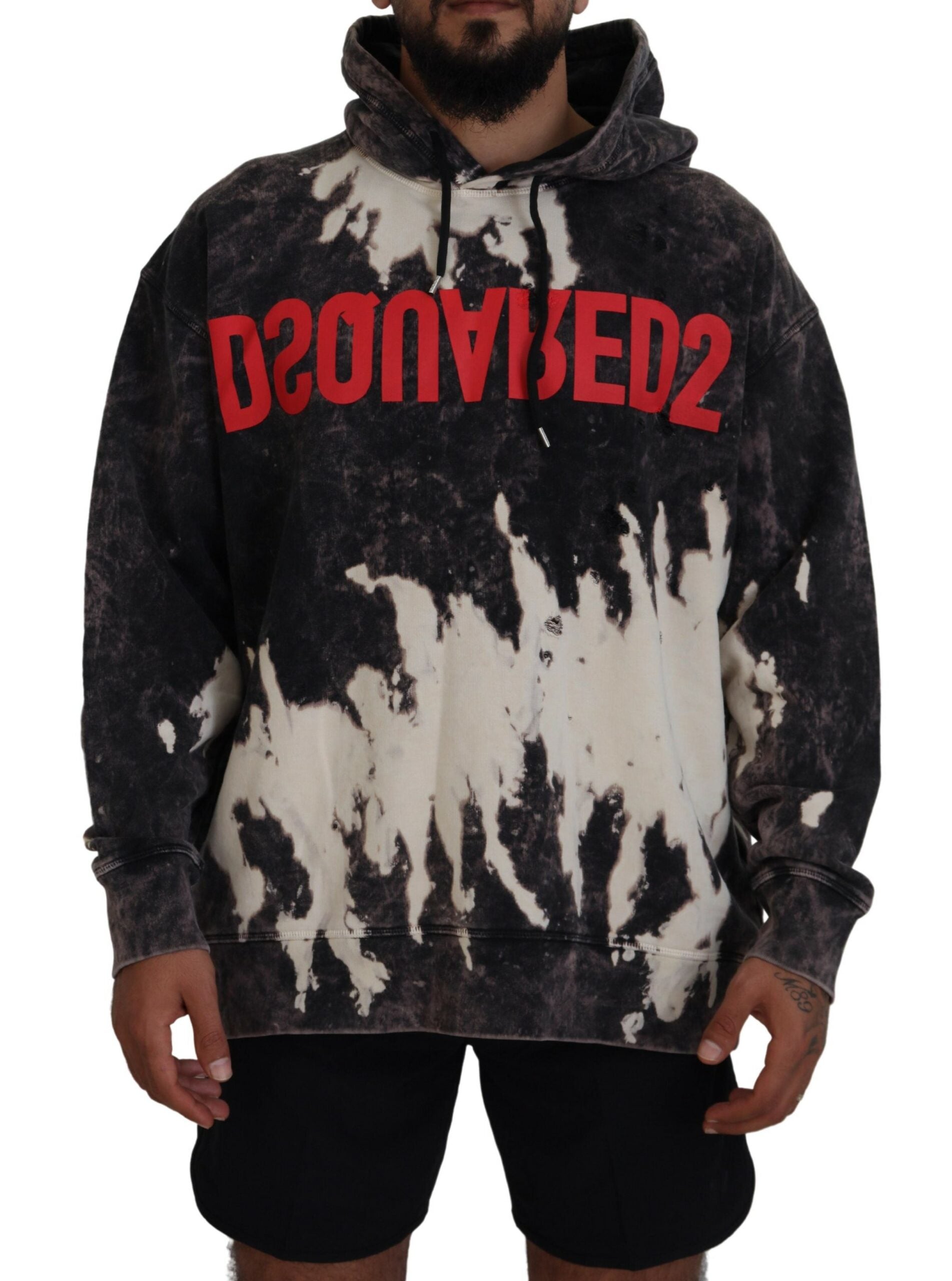 Dsquared² Gray Wash Hooded Printed Men Pullover Men's Sweater In Black