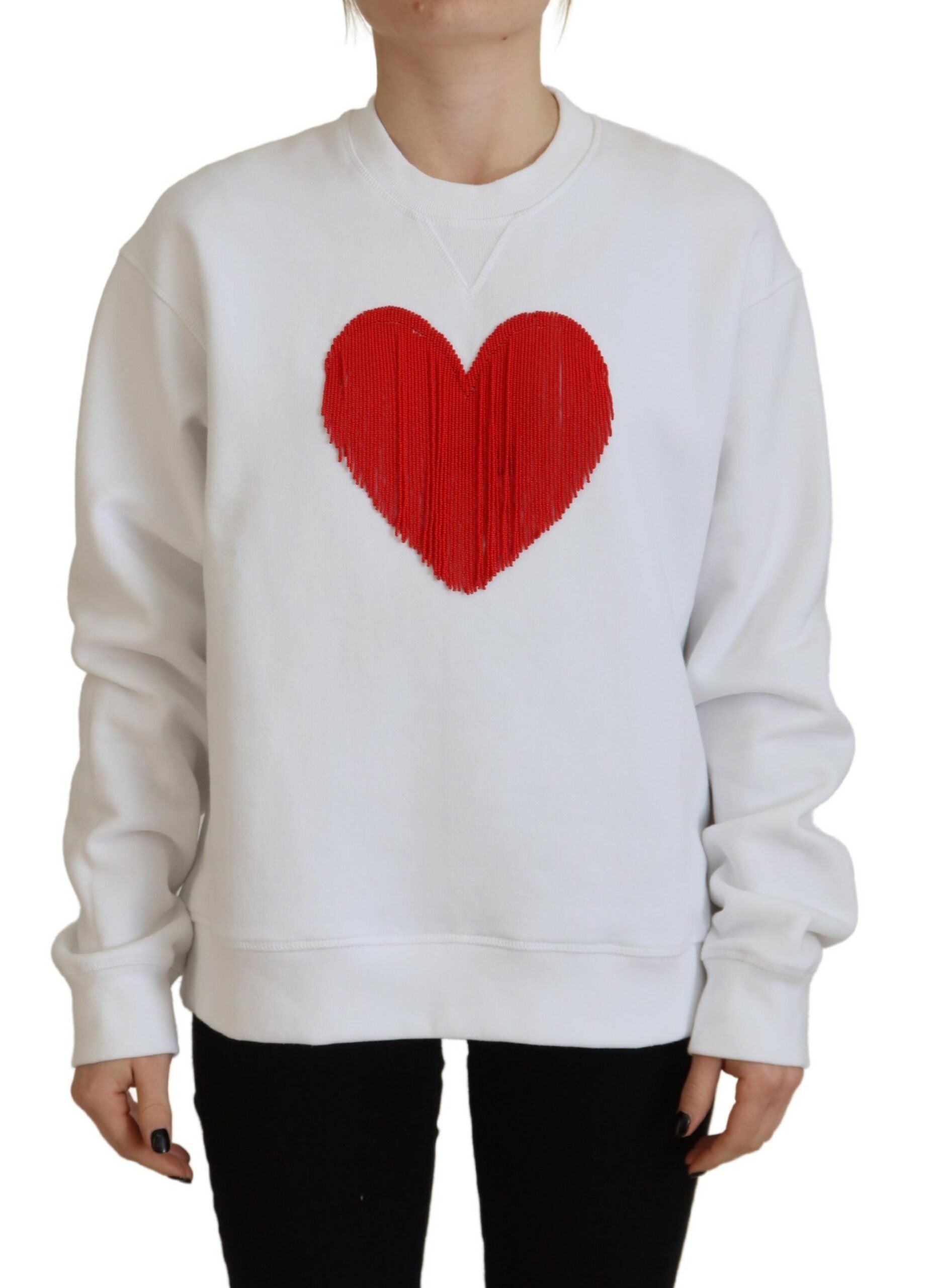 Dsquared² White Cotton Heart Fringe Long Sleeve Women's Sweater In Multi