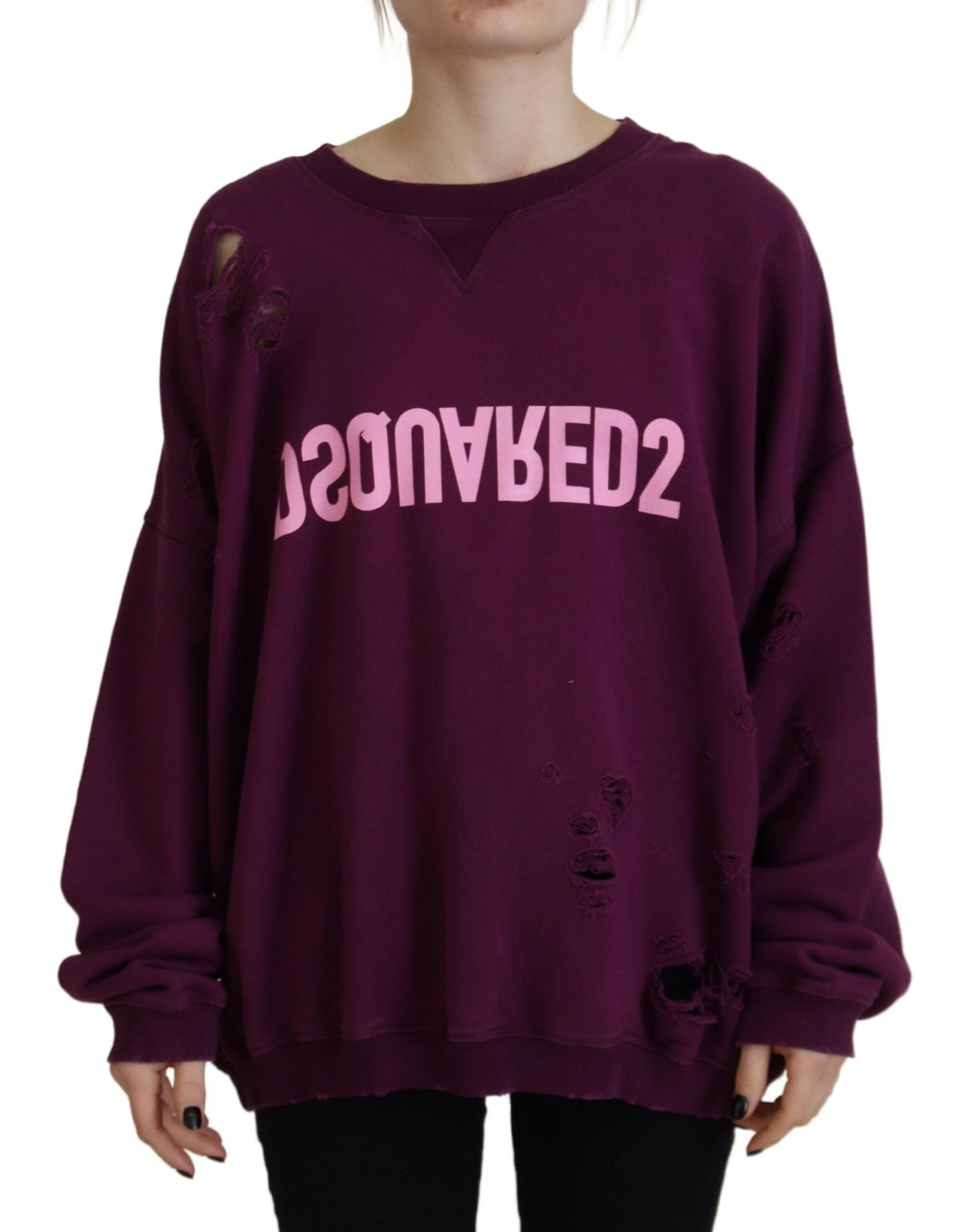 Dsquared² Purple Cotton Distressed Printed Long Sleeve Women's Sweater