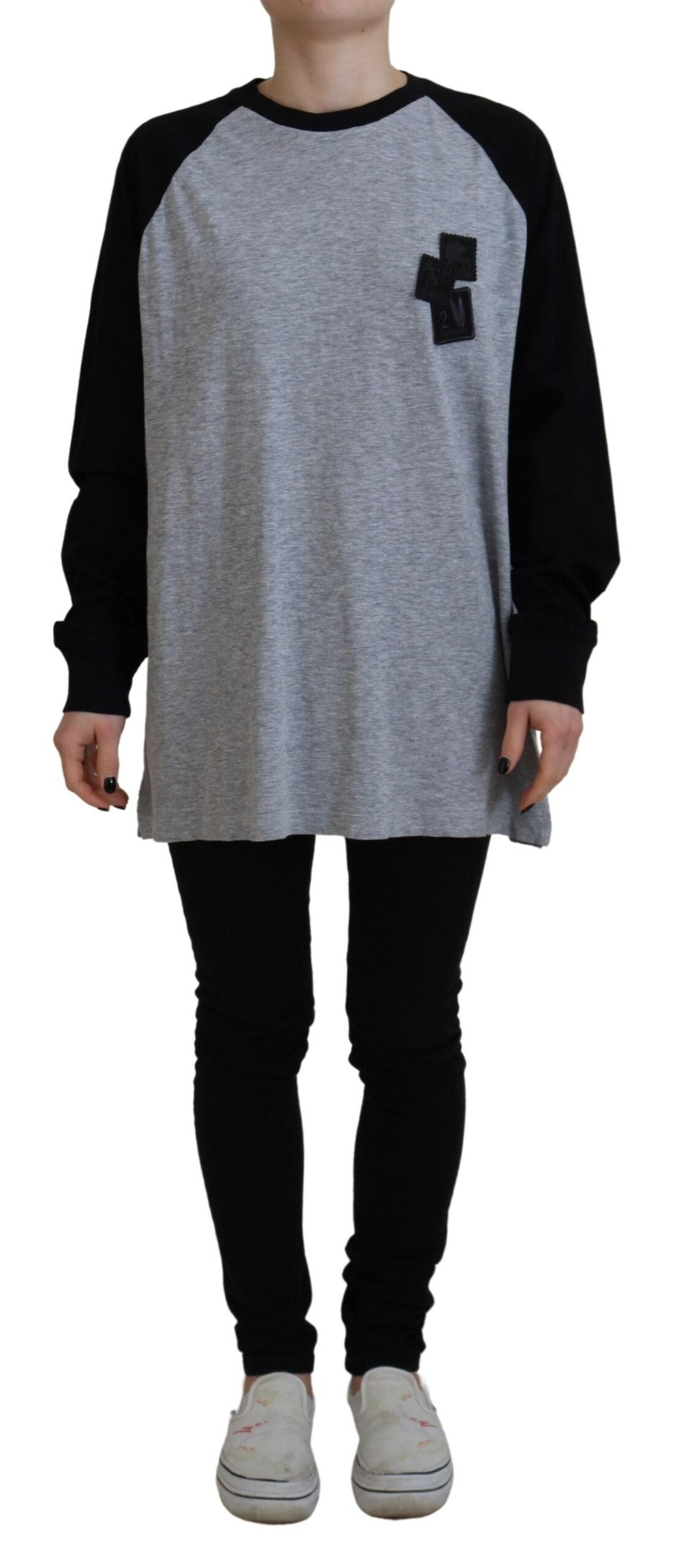 Dsquared² Black Gray Cotton Raglan Long Sleeves Casual Women's Top
