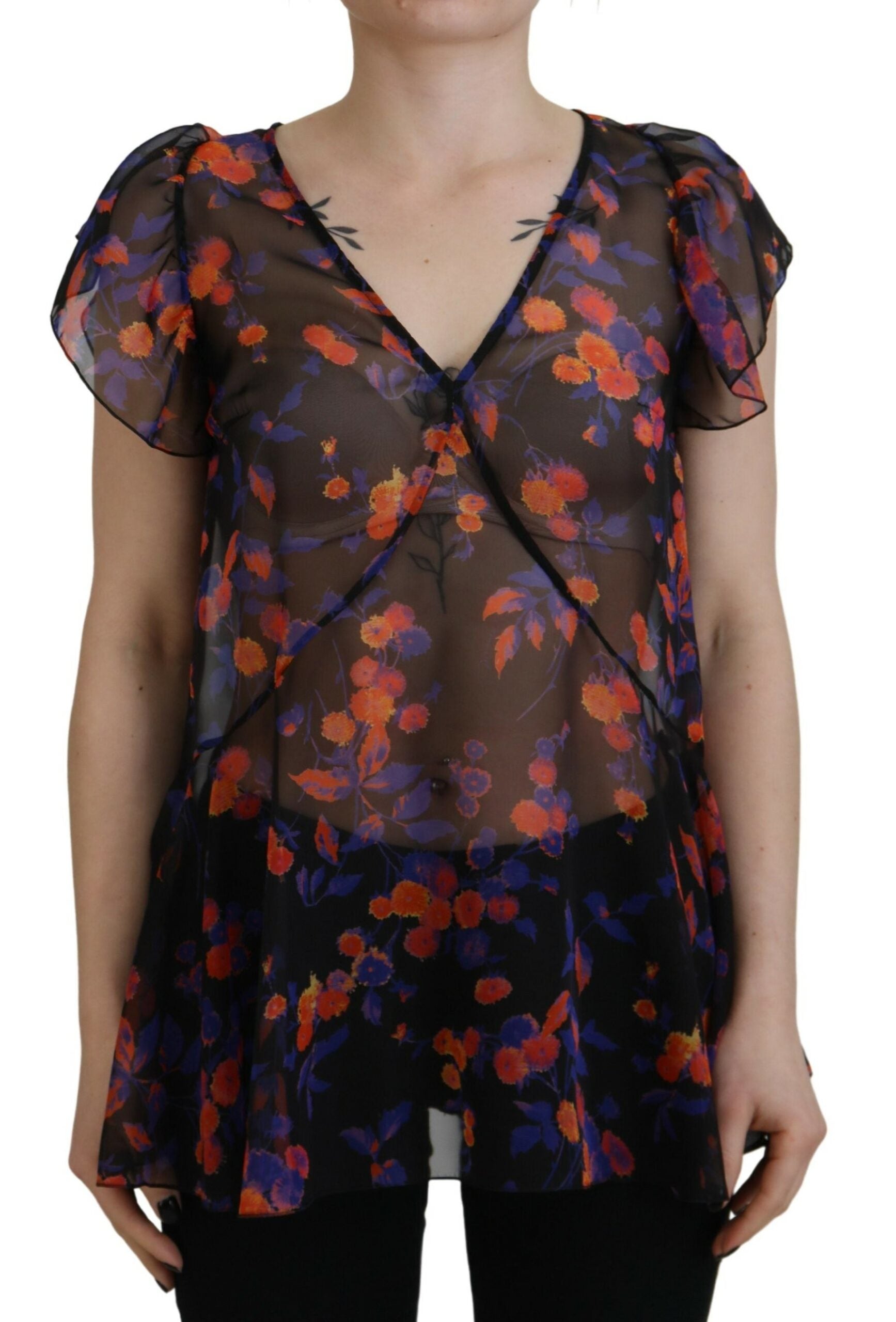 Dsquared² Black Floral Print Short Sleeves V-neck Blouse Women's Top