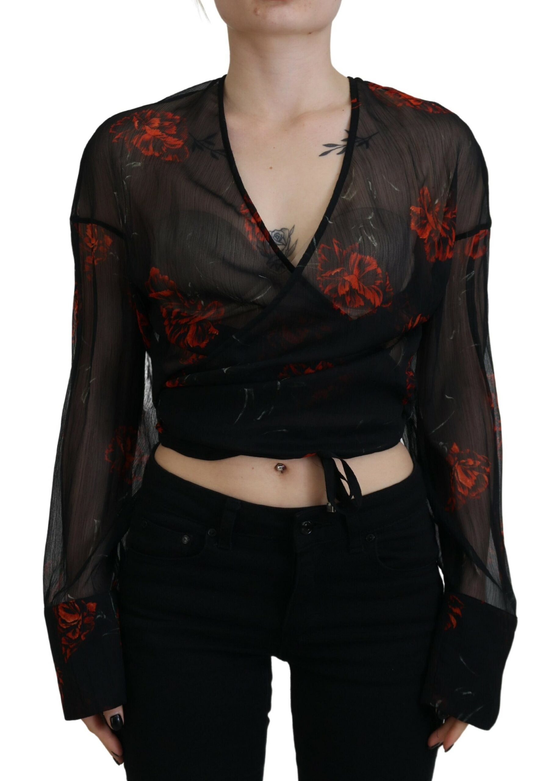 Dsquared² Black Floral Print Cropped Wrap Long Sleeves Women's Top