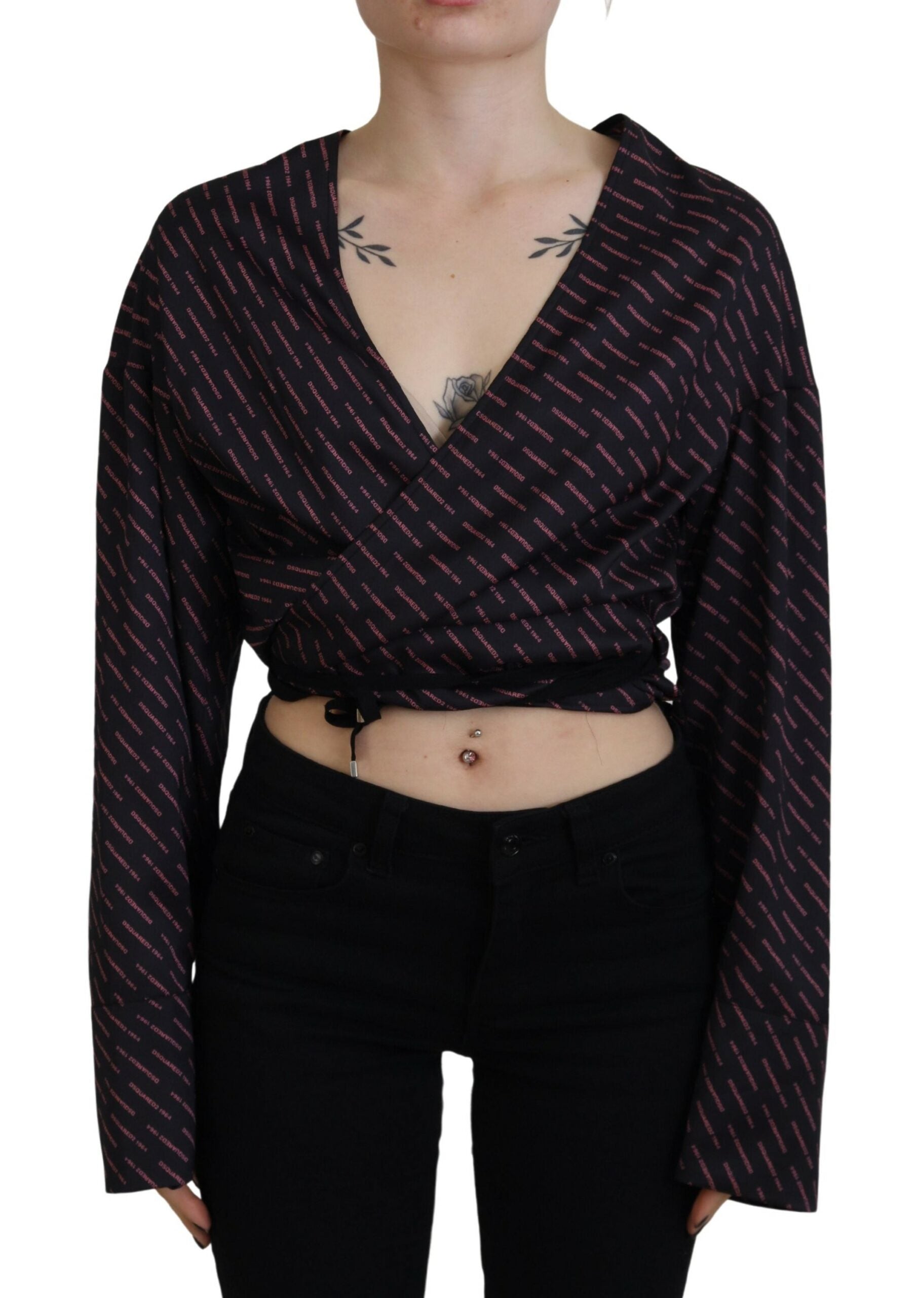 Dsquared² Black Polyester Cropped Logo Printed Blouse Women's Top