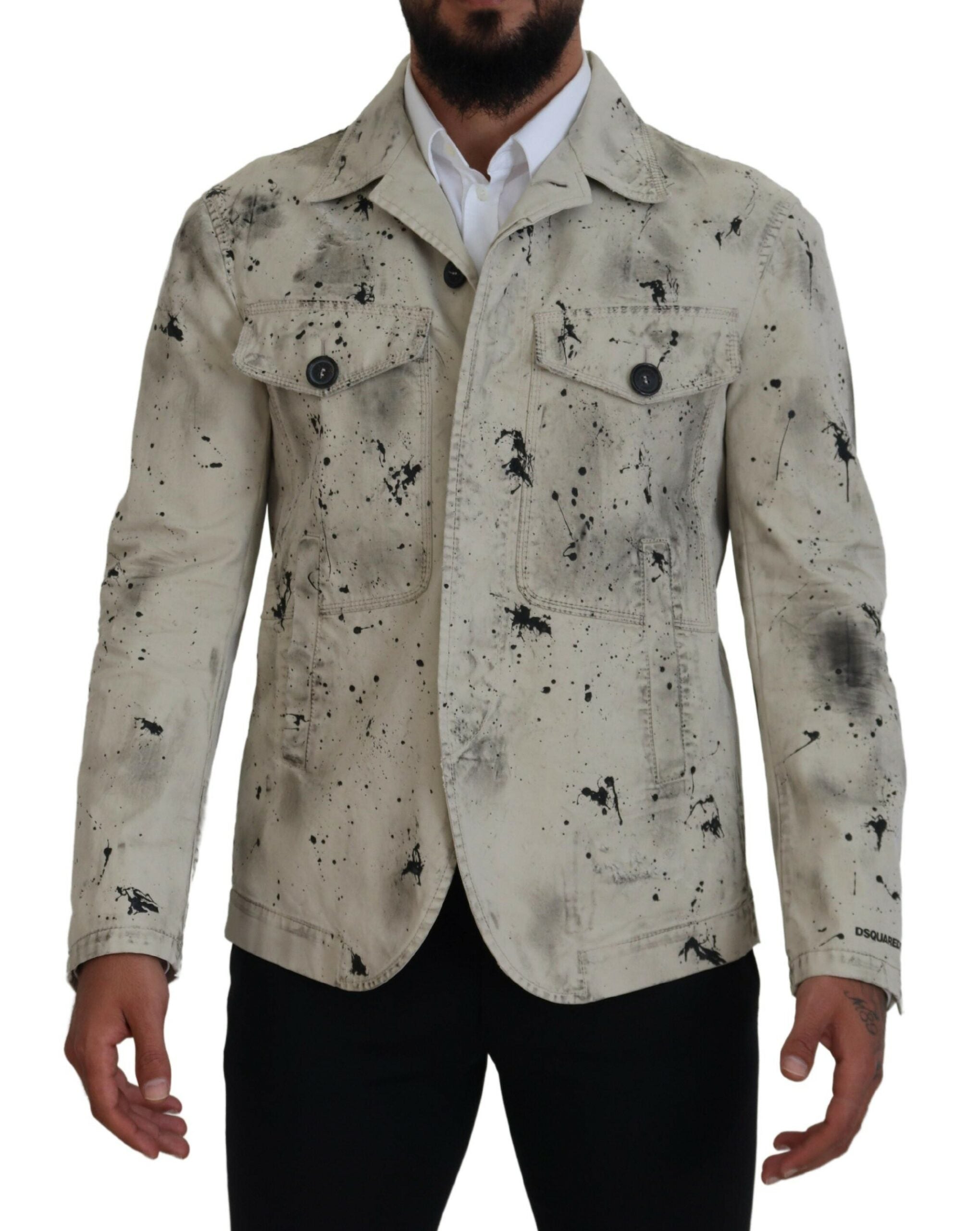 Dsquared² Off White Black Splash Print Casual Denim Men's Jacket In Gray