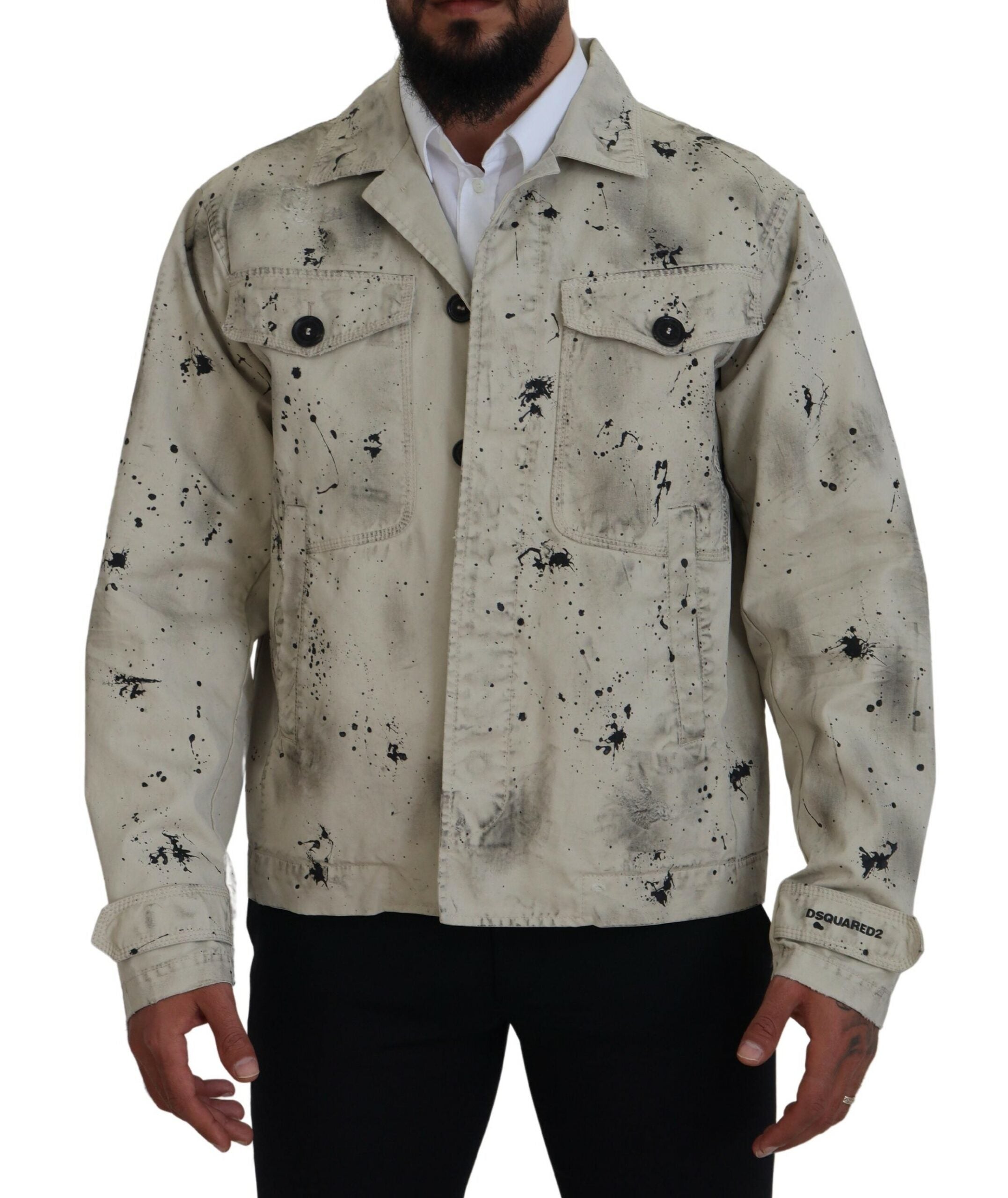 Dsquared² Off White Black Splash Print Casual Denim Men's Jacket In Neutral