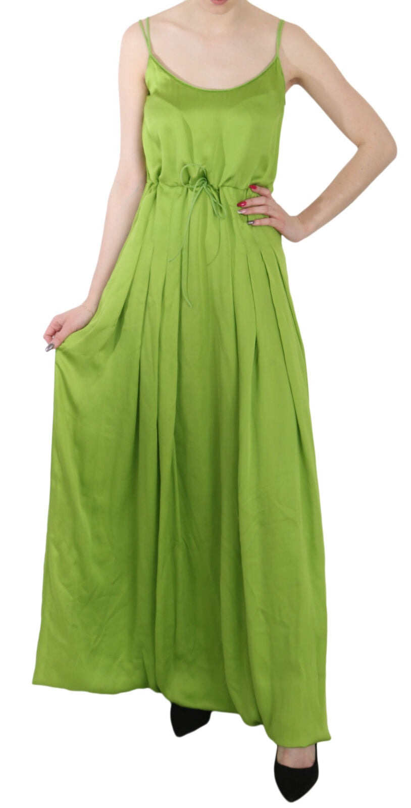 Dsquared² Green Spaghetti Strap Long A-line Pleated Women's Dress