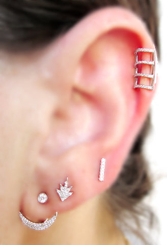 Stud Earring with Diamond Crescent Jacket, Diamond Starbust and Mini Bar studs with Ear Cage Topper