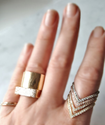 Gold Cigar Band Ring with Diamond Stacking Rings