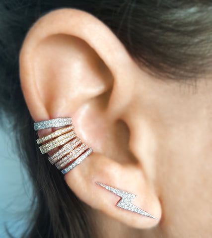 Stacked Ear Cuffs in Rose, Yellow and White gold with a Diamond Lightning Bolt Climber