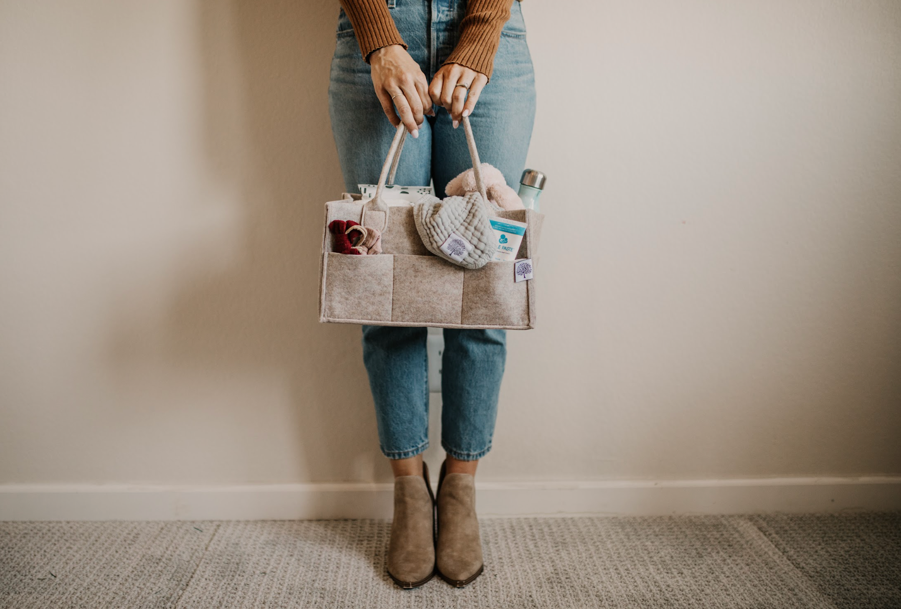 Mom Holding Diaper Caddy