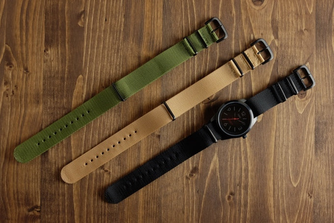 100% nylon straps available in black, tan and green