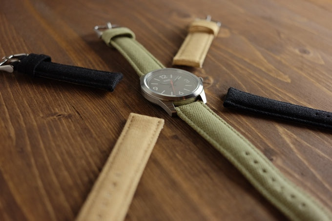 Canvas straps available in black, tan and green