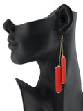 Women's Wood Cylinder Mini Stone Stud Ends Link Chain Dangle Pierced Earrings, Red