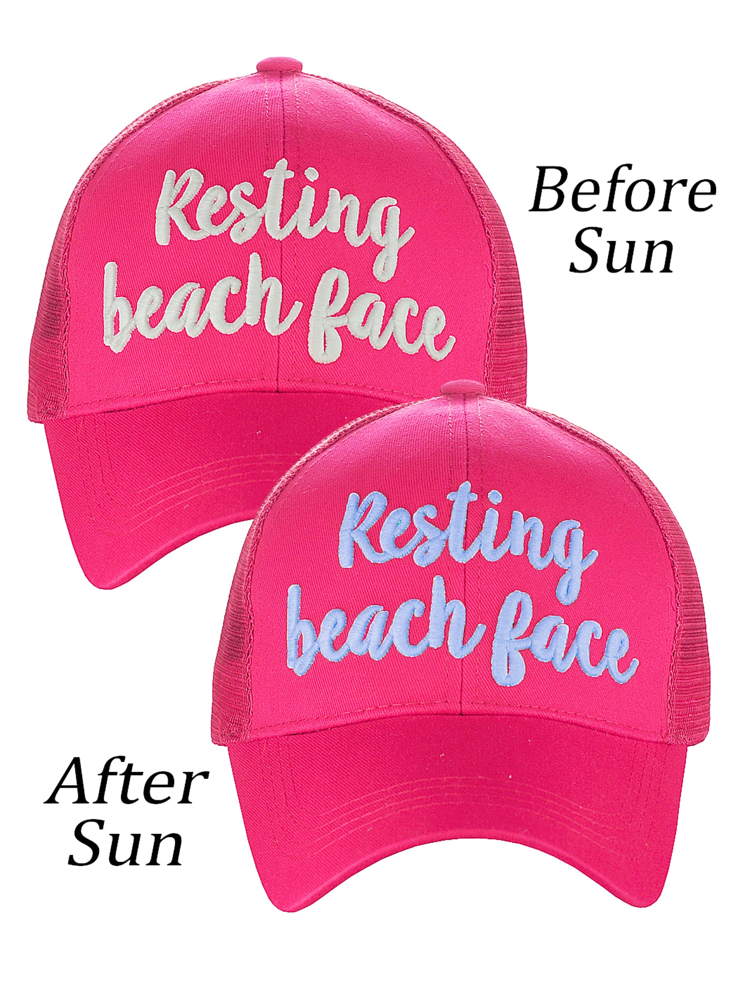 C.C Ponycap Color Changing Embroidered Quote Adjustable Trucker Baseball Cap, Resting Beach Face, Hot Pink