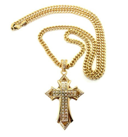 Pave Gothic Cross Pendant in Gold Tone w/ 6mm 36" Cuban Chain CP18G