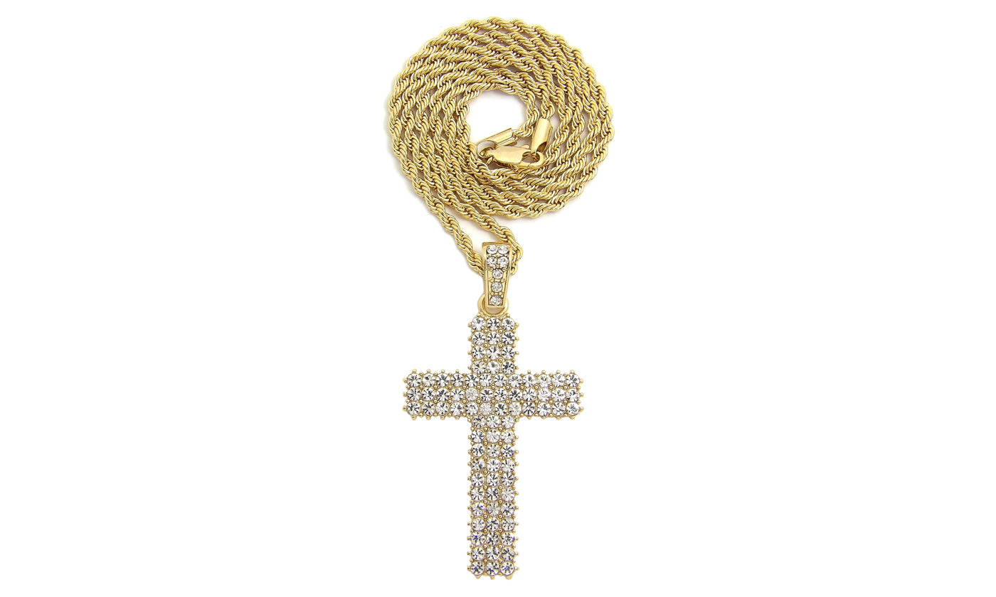 Stone Stud 3 Row Cross Pendant Necklace : 5 chain options