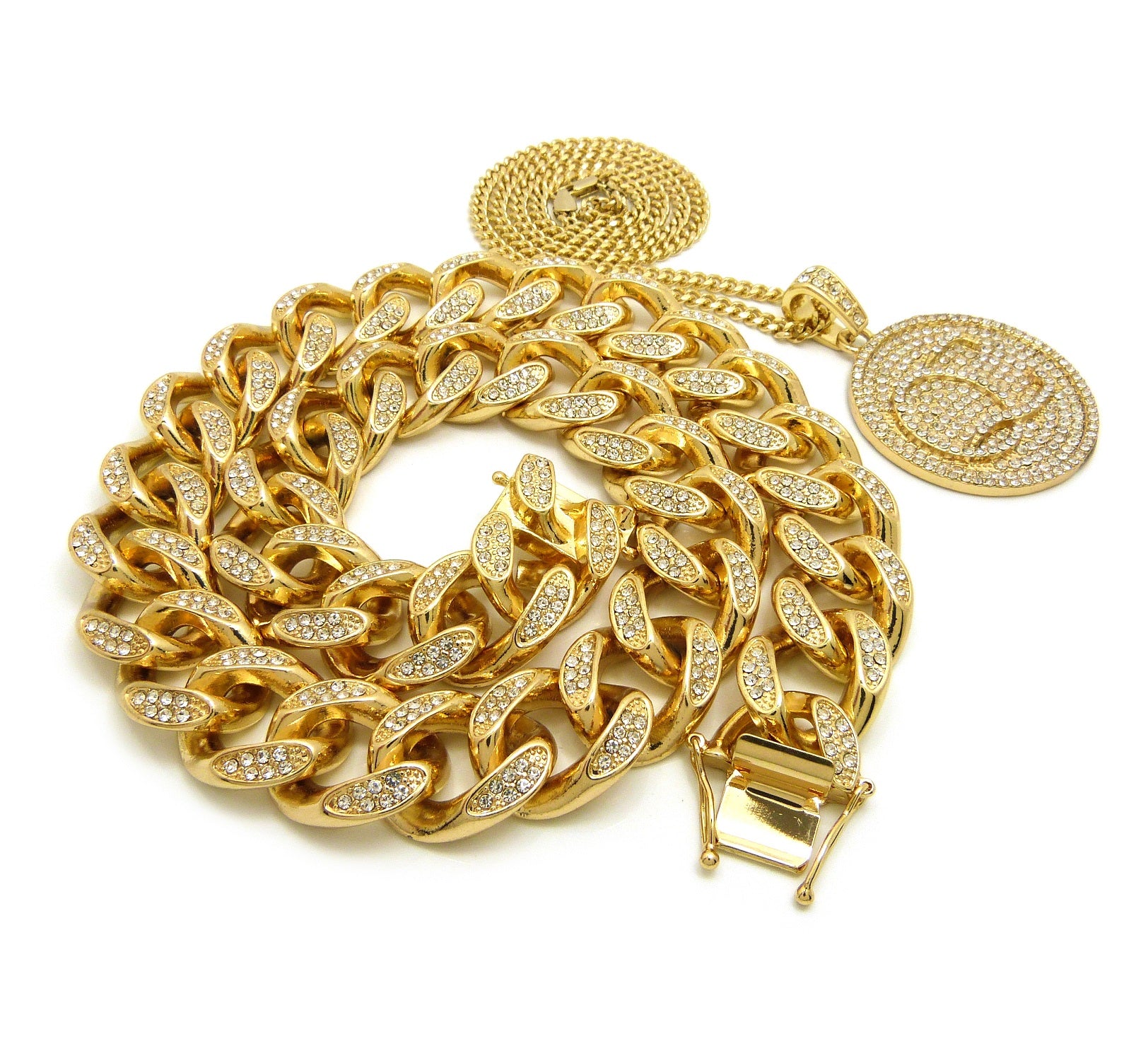 Hip Hop Rapper's Style Iced Out Cuban Chain & Stone Stud QC Pendant with Box Chain Necklace Set