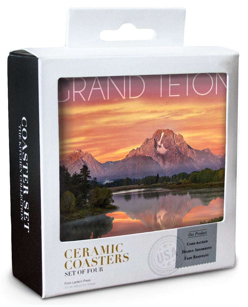 Grand Teton National Park, Wyoming, Sunset & Mountains, Lantern Press Photography, Coaster Set Coasters Lantern Press  Lantern Press