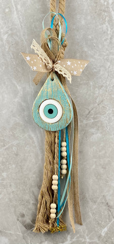 Large Ceramic Tear Drop Evil Eye on Thick Cord Gouri with Ribbons, Beads and 2021 Charm
