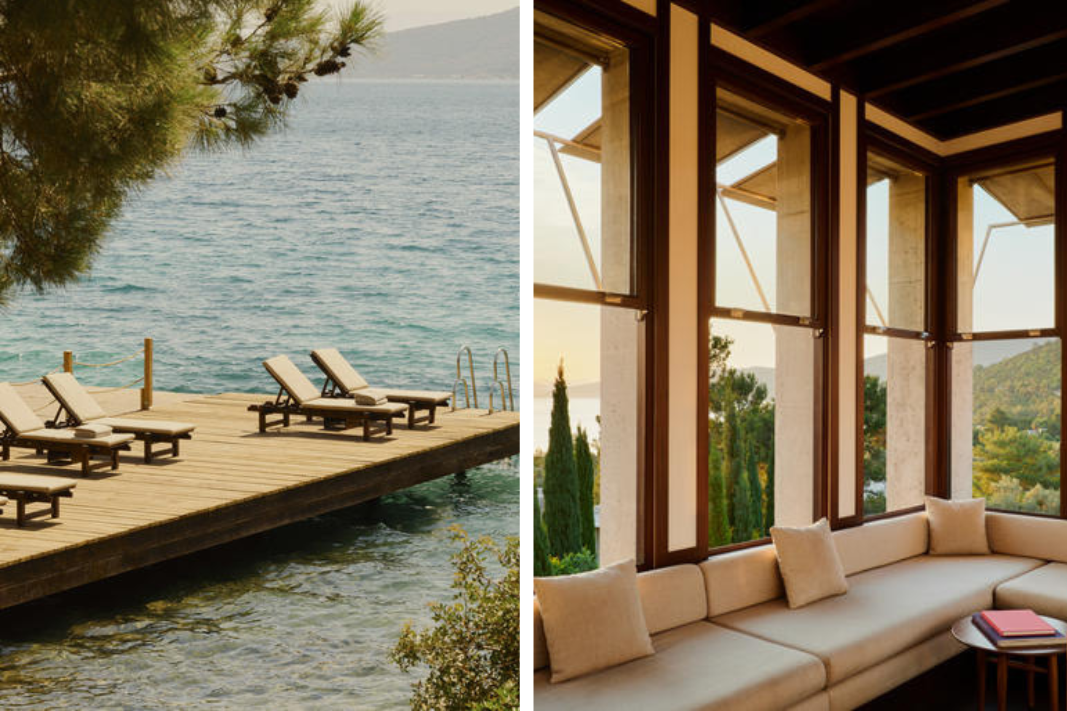 Sun loungers on a wooden deck and scenic views at Amanyura hotel, Turkey