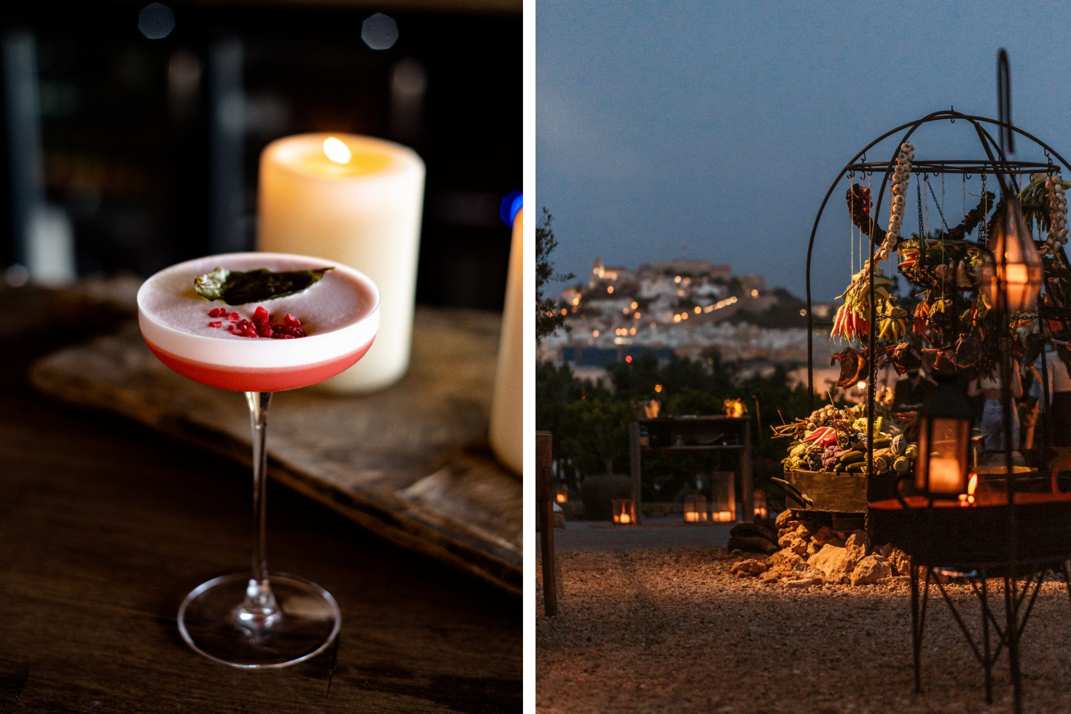 Featuring cocktail on wooden table at Casa Maca, located on the island of Ibiza for a dining experience alfresco
