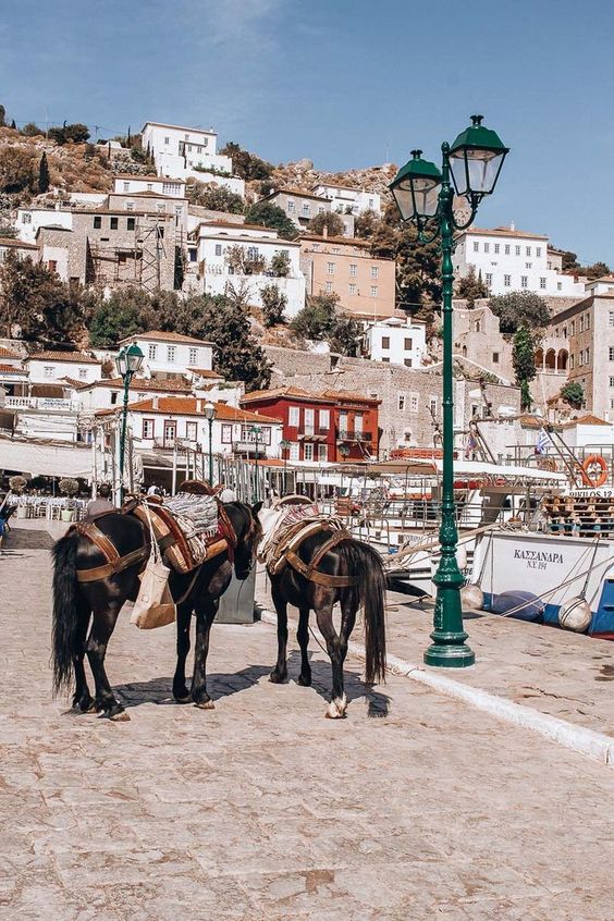 Stone mansions, narrow cobblestone streets, and horses to get around the car-free island of Hydra in the Saronic Gulf