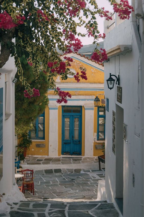 Picturesque streets of Parikia adorned with white-washed houses and vibrant pink flowers